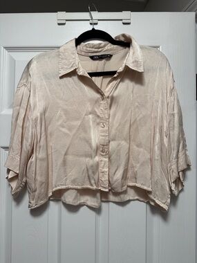 Zara Cream Satin Cropped Button-Down Blouse